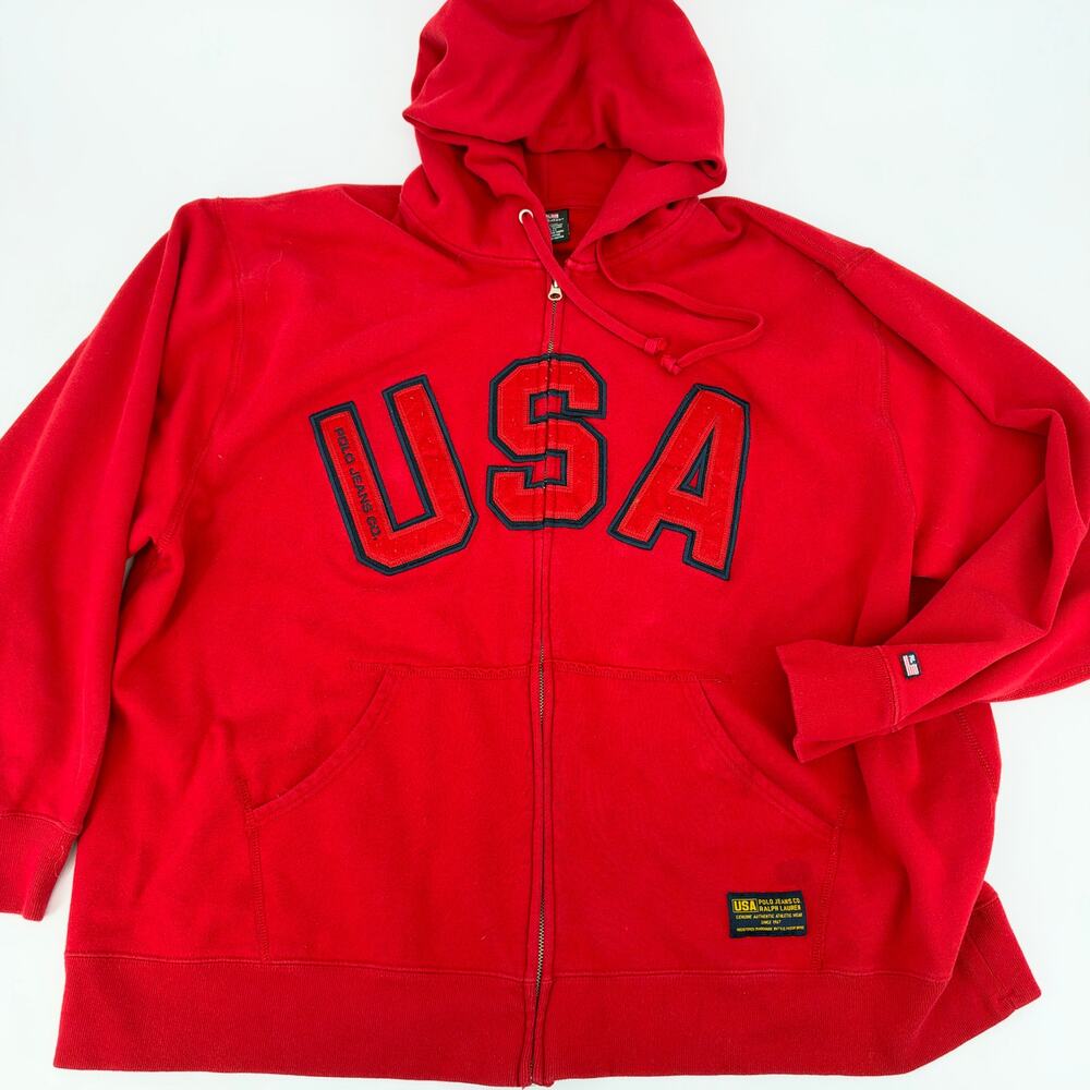Vintage Ralph Lauren Polo Jeans Company Red Full Zip Hoodie USA Sz 3XL Preowned
